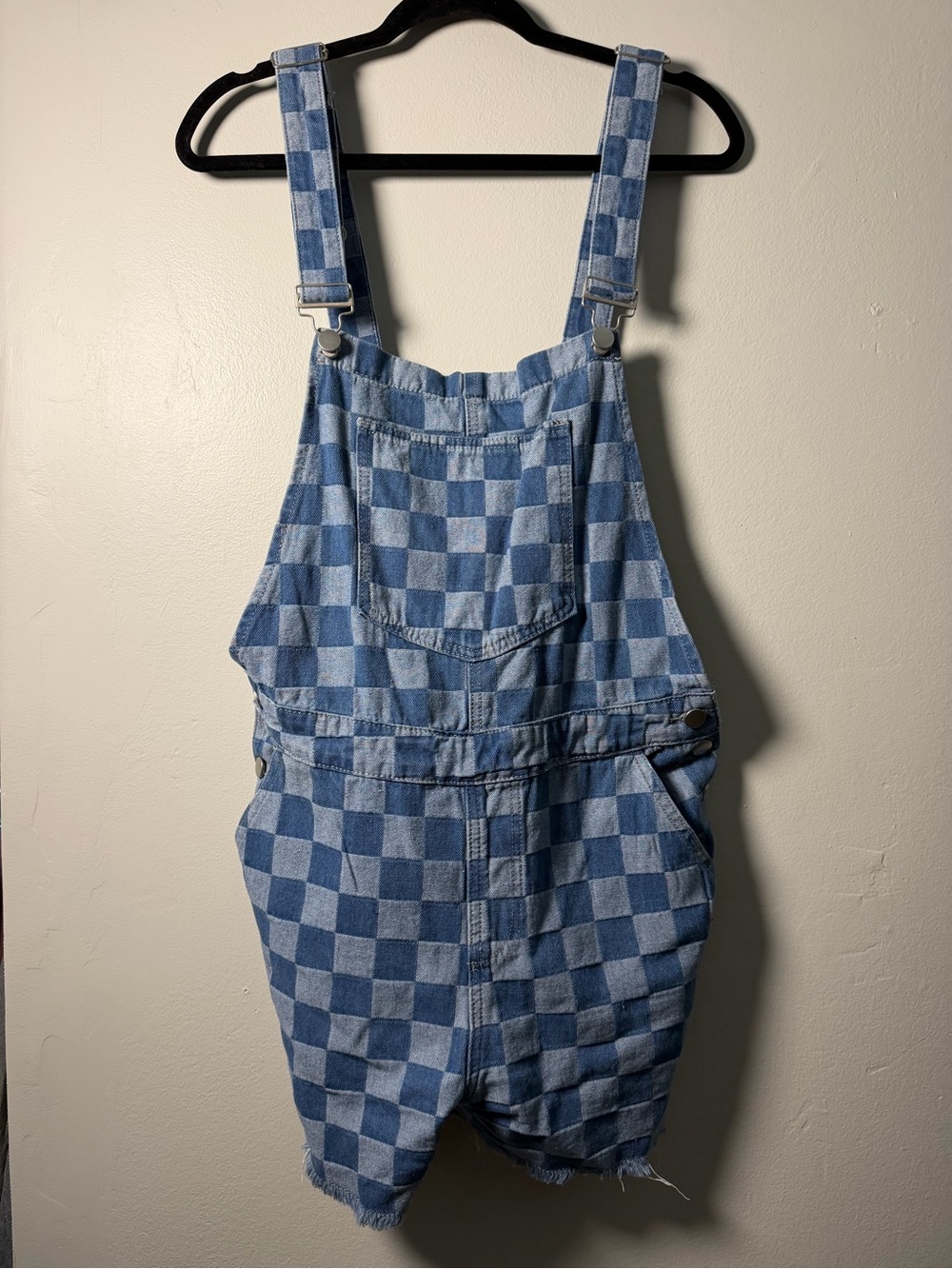 Pink Lily Women’s Blue Checkered Denim Short Overalls